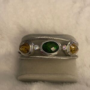 Elegant Silver Cuff Bracelet with Green and Yellow Accents